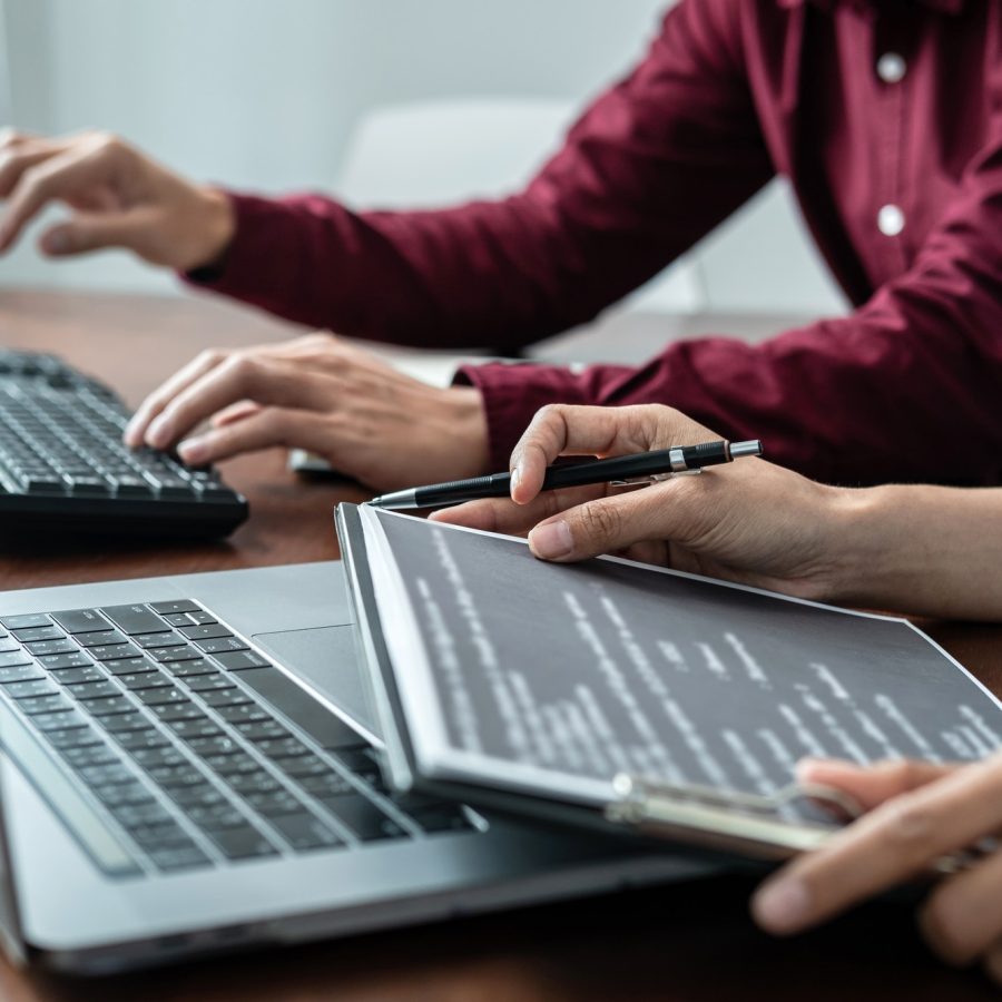 Programmer team discussion with partner to writing code for new website or application in software